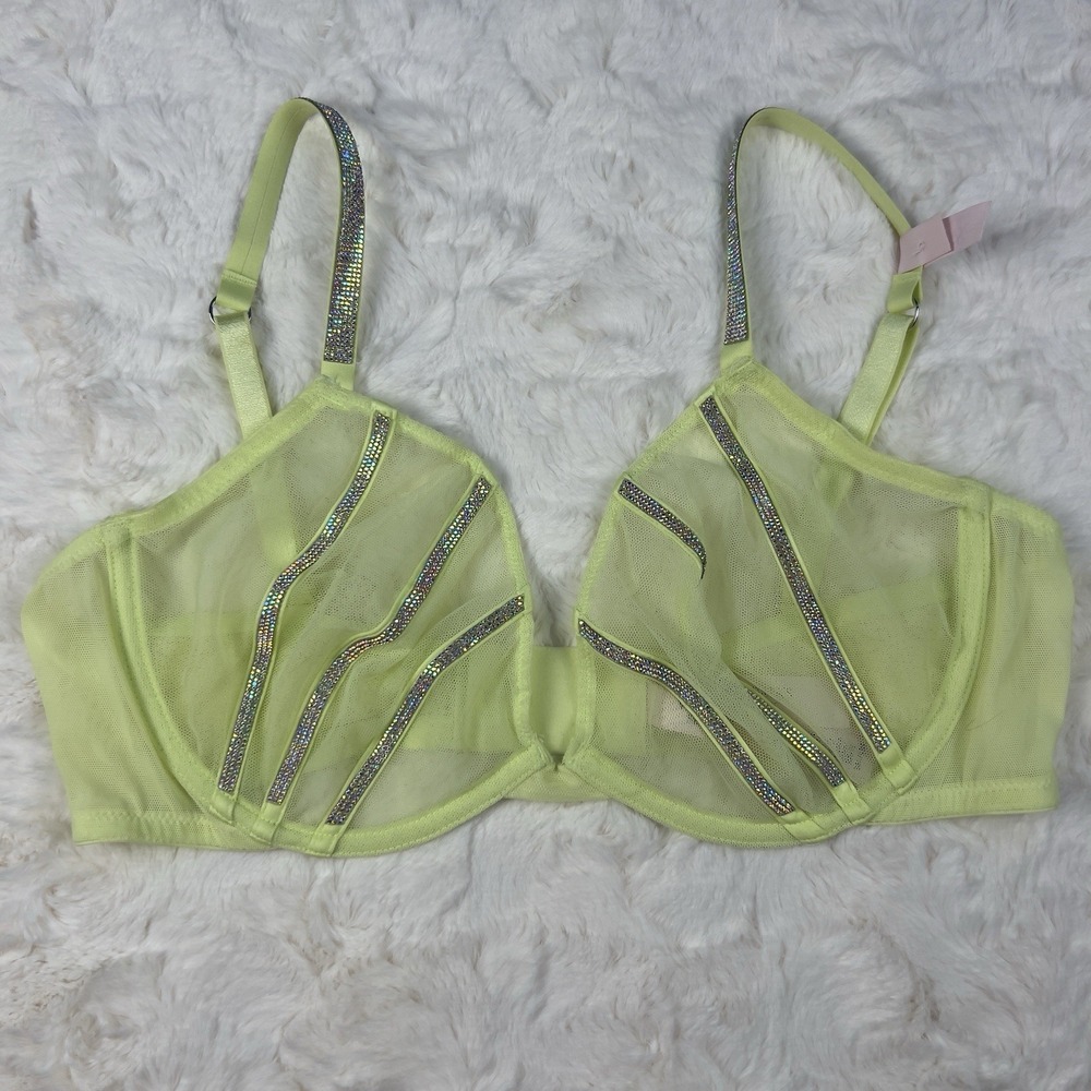Victoria's Secret Very Sexy Mesh Shine Strap Demi Bra Lime Green Low Cut 36C NWT - Picture 1 of 8